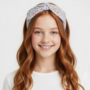 Pleated Blue Floral Twisted Headwrap